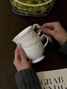 1pc French Ins Style Embossed Ceramic Coffee Cup, High-Quality Latte Cup For Cappuccino, Latte, Tea, Hot/Cold Drinks, Coffee, Juice, Milkshake, Afternoon Tea, Suitable For Living Room, Bedroom, Wedding, Mother's Day, Holiday Gifts - Multicolor - View 7