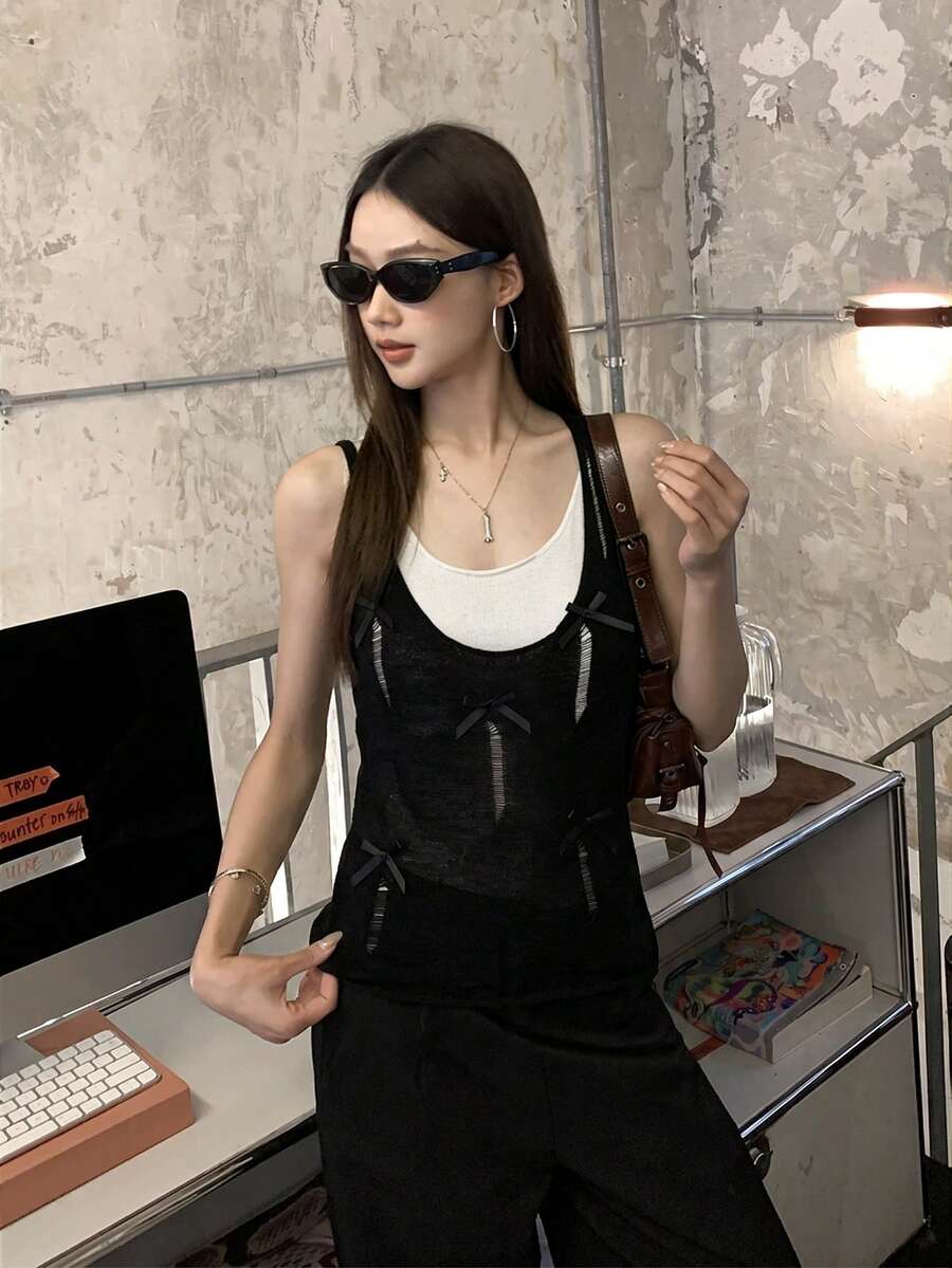 夏季新款甜美性感风二合一蝴蝶结做旧针织吊带背心女装 - 黑色 - 查看 1