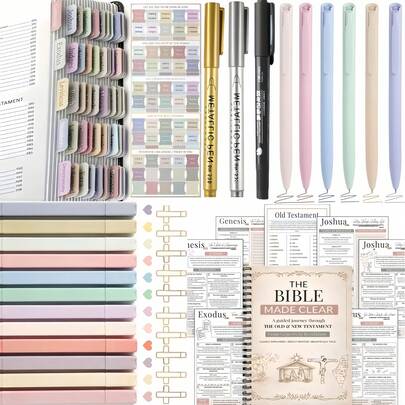 1 Set Kit de Journaling de la Biblia Cristiana, Suministros para Estudio Bíblico, Pestañas de Biblia, Cuaderno Espiral Cristiano, Bolígrafos de Colores, 75 piezas de Etiquetas Estilo Bohemio Multicapa Adecuadas para Mujeres y Hombres, Pegatinas de Versículos Bíblicos, Accesorios para Estudio Bíblico