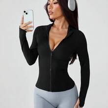 Ropa de yoga para mujer en otoño, chaqueta con cremallera, top deportivo, ropa de abrigo ajustada de manga larga, entrenamiento profesional para correr y fitnes - Negro - Ver 4