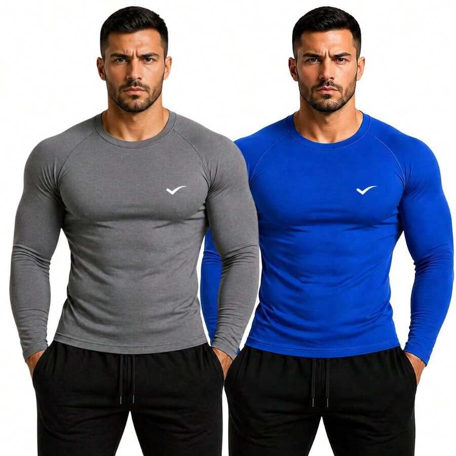 Kit Of 2 Thermal UV 50+ Base Layer Shirts/T-Shirts/Cool Mesh Shirts For Gym And Sports - 灰色和皇家藍 - 查看 1