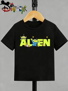 Disney Licensed Street Style Toy Story Alien Art Print Kids' T-Shirt, Bold Cute Cartoon Graphic Tee With "Alien" Text, Perfect For Everyday Wear, Casual Meetups, Themed Outings And Urban Street Style, Shipped From Local Warehouse - màu đen - Xem 5