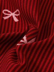 2pcs Comfortable Striped Bow Print Short Sleeve Top And Bow Tie Pants Women Pajama Set, Loungewear - Red - View 8