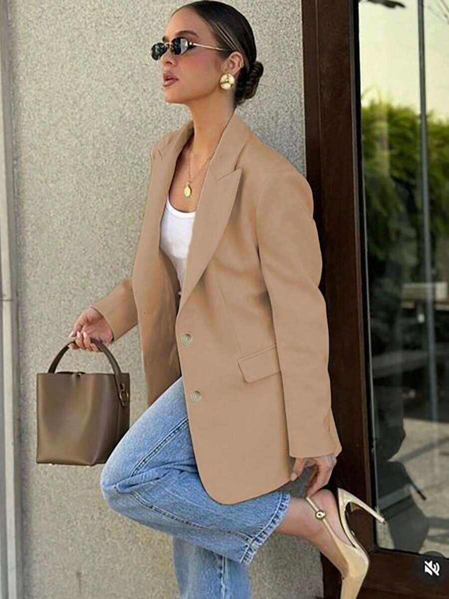 Chaqueta casual de mujer con solapa con muesca y botones, elegante y de moda, adecuada para ir al trabajo y uso casual diario en primavera - Caqui - Ver 1