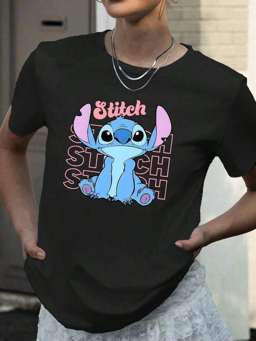 Disney Lilo & Stitch Stacked Name T-Shirt: Black Cotton Tee With Cute Stitch Graphic & Pink Stacked "Stitch" Text, Perfect For Theme Park Visits, Daily Wear And Stitch Fans, Ideal Gift--Disneys Disneyland Paris The Magic Kingdom Disneyesque B6Holiday Gifts Valentine's Day Gifts Earth Day Gifts Oktoberfest Gifts Summer Bank Holiday Gifts - 黑色 - 查看 1