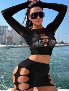 一件装女士长袖性感镂空网纱罩衫，适合音乐节、海滩以及夏季泳装穿着。 - 黑色 - 查看 1
