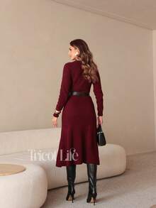 Women's Midi Dress In Mousse Knit, Long Sleeves With Braided Detail, Fitted Waist, Elegant, Winter, Premium, Casual, Party, Work, Travel - 勃根地 - 查看 2