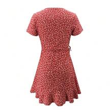 Vestido acampanado Floal de verano para mujer, Vestido corto ajustado con volantes florales y cuello en V para mujer, minivestido elegante con flores - Rojo - Ver 2