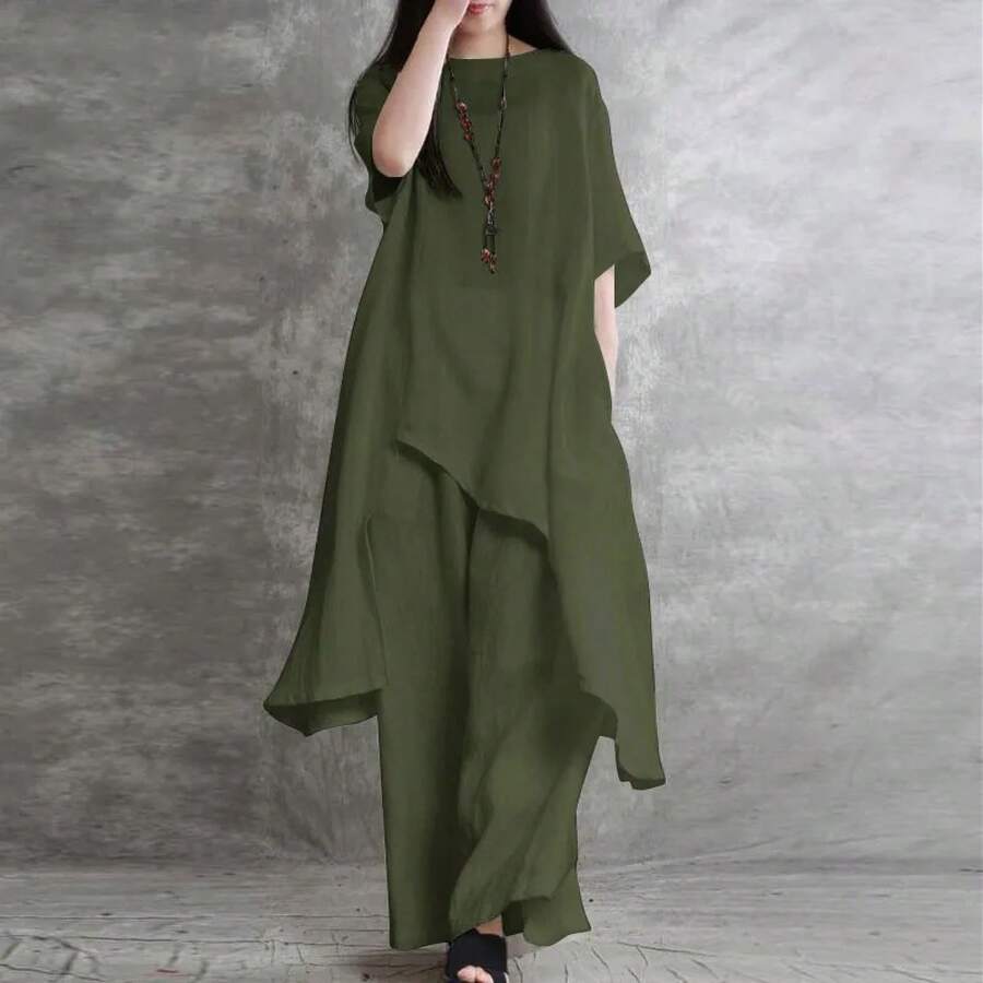 Conjunto de 2 piezas de algodón y lino para mujer, ropa deportiva informal de talla grande, traje de manga corta con cuello redondo, Top y pantalones de pierna ancha - Verde militar - Ver 1