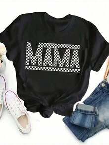 Camiseta de Mujer PAYEAH 1 pieza de algodón con estampado de letras Mama y cuello redondo - Camiseta de manga corta de poliéster suave y de elasticidad media para primavera y verano - Corte relajado, casual, con patrón de alfabeto, impresión posicionada, longitud regular, tejido de punto, camiseta de algodón grueso para todas las estaciones. Ropa de Mujer a, camisetas, top blanco, camiseta gráfica, adecuada para gimnasio, entrenamientos, uso casual diario y estilo urbano. VZJB - Negro - Ver 6