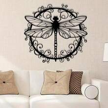 1 pieza Elegante arte de pared de metal con diseño de libélula negra, diseño de estampado de animales de hierro, adecuado para decoración interior/exterior, regalo de boda, regalo de inauguración de la casa, sala de estar, oficina y jardín, decoración de pared duradera para el hogar - A - Ver 2