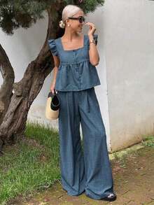 Set de 2 piezas: Camiseta corta con volantes y pantalones casuales de pierna ancha con cintura alta y lazo para mujer, conjunto de verano - Azul 2 - Ver 4