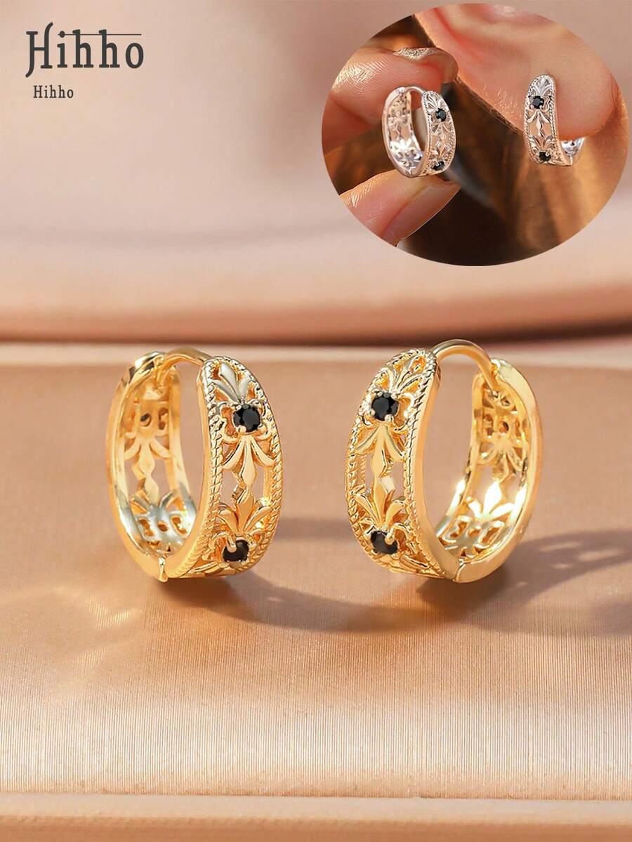 Hihho 1 Đôi bông tai hình tròn rỗng màu đen đính đá Zirconia, thiết kế hoa văn cổ điển bằng đồng, phụ kiện thanh lịch và thời trang, thích hợp làm quà tặng dịp lễ. - Nhiều màu - Xem 1
