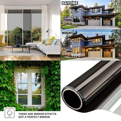 Window Film One Way Mirror Tint Vinyl Daytime Privacy Static Non-Adhesive Decorative Heat Control Anti UV Window Covering For Home And Office 6 Mil 17.5 Inch X 6.5 Feet
