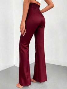 Pantalones rectos de talle alto de color negro sólido, elegantes y casuales, adecuados para uso diario, oficina, traslados, hogar, citas, pequeñas fiestas, eventos sociales ligeros en primavera - Burdeos - Ver 4