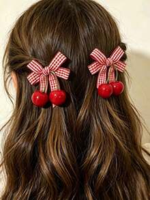 2 pièces Clips à cheveux nœud papillon à carreaux rétro avec cerise, clips à cheveux nœud papillon à carreaux mignons avec pendentif cerise, clips à cheveux décoratifs de tous les jours pour filles - A - Voir 1