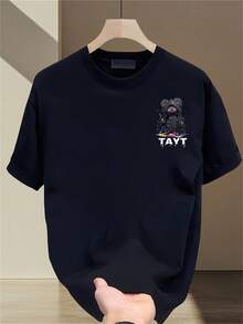 Camiseta de manga corta con cuello redondo 100% algodón para hombre, estilo coreano de verano, estampada, casual y versátil. - Negro - Ver 2