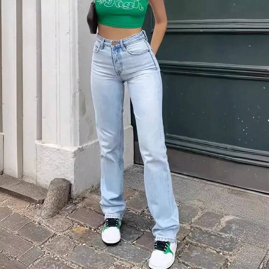 Pantalones vaqueros rectos versátiles informales elásticos de cintura alta ajustados de color azul claro para mujer nuevos superventas - Azul - Ver 1