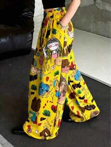 anchos de mujer con estampado de dibujos animados, pantalones casuales sueltos de primavera - Amarillo - Ver 5