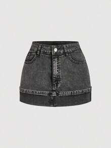 Minifalda de mezclilla lavada y desgastada de estilo casual para mujer, para el verano - Gris 2 - Ver 5