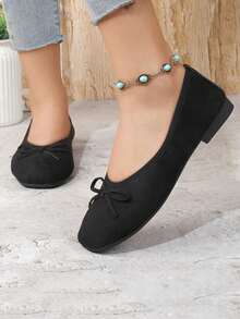 Women's Suede Bow Ballet Shoes, Square Toe Casual Slip-On Loafers - Black - View 2
