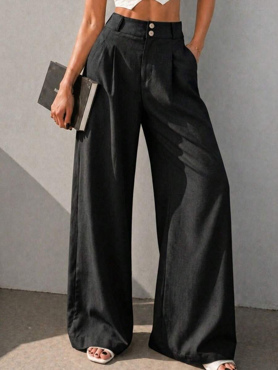 Women's Casual High Waist Wide Leg Pants With Pockets - Hitam - View 1