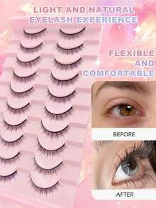 10 Pairs Super Thin Natural False Eyelashes, 1 Box, Fluffy Soft Thick 3D Faux Mink Lashes, Delicate Long Lashes, Messy Roots, Multi-Layer Fake Lashes, Short Dense Type For Daily, Date, Travel - Black - View 5