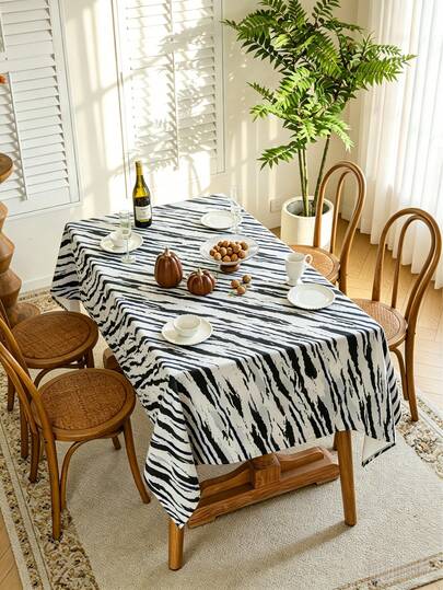 1pc Polyester Fiber Tablecloth, Natural Artistic Style, Black & White Contrast, Forest Atmosphere, Circular Net Printing Striped Tablecloth, Multiple Sizes Available, Natural Style Home Tablecloth, Heat Resistant & Easy Care