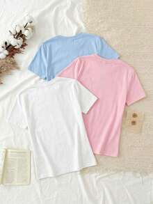 Conjunto de 3 piezas de camisetas de manga larga de ajuste ceñido con cuello redondo, estilo minimalista casual, 95% algodón, para mujer - Multicolor 13 - Ver 2