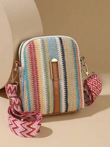 New Fashion Woven Texture Crossbody Bag, Colorblock Striped Straw Woven Bag, Bohemian Style Adjustable Shoulder Strap, Suitable For Beach, Travel, Vacation - Blue - View 2