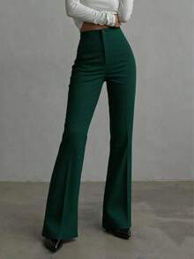 Pantalones rectos de talle alto de color negro sólido, elegantes y casuales, adecuados para uso diario, oficina, traslados, hogar, citas, pequeñas fiestas, eventos sociales ligeros en primavera - Verde Oscuro - Ver 8