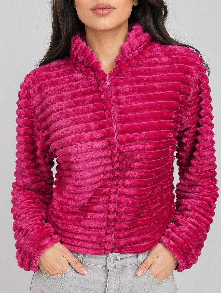 Teddy Coat / Fleece Jacket / Ribbed Fleece Jacket - Rosa Fucsia - Ver 1