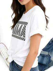 Camiseta de Mujer PAYEAH 1 pieza de algodón con estampado de letras Mama y cuello redondo - Camiseta de manga corta de poliéster suave y de elasticidad media para primavera y verano - Corte relajado, casual, con patrón de alfabeto, impresión posicionada, longitud regular, tejido de punto, camiseta de algodón grueso para todas las estaciones. Ropa de Mujer a, camisetas, top blanco, camiseta gráfica, adecuada para gimnasio, entrenamientos, uso casual diario y estilo urbano. FWWF - Blanco - Ver 2