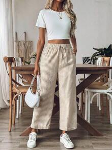 Pantalones sueltos holgados de mujer con estampado de rayas, cintura con cordón y bolsillos, versátiles - Blanco y Negro - Ver 11