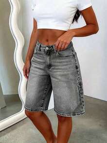 Classic Casual Boyfriend Style Denim Knee Length Shorts For Men, With Pockets, Buttons And Zipper, Straight Leg, Non-Stretch Fabric Summer - Gris Claro - Ver 7