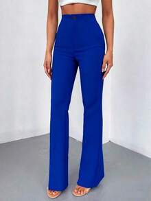 Pantalones rectos de talle alto de color negro sólido, elegantes y casuales, adecuados para uso diario, oficina, traslados, hogar, citas, pequeñas fiestas, eventos sociales ligeros en primavera - Azul - Ver 6
