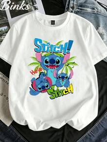 Disney Lilo & Stitch T-Shirt, "Hello Stitch!" Crewneck Tee With Palm Tree Print - 白色 - 查看 1