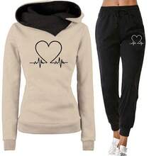 Conjunto de dos piezas de chándal para mujer, sudaderas con capucha y pantalones cálidos para invierno, jerséis, sudaderas para mujer, ropa para correr, traje deportivo - Caqui - Ver 1