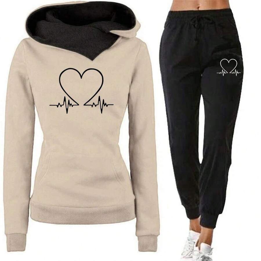 Conjunto de dos piezas de chándal para mujer, sudaderas con capucha y pantalones cálidos para invierno, jerséis, sudaderas para mujer, ropa para correr, traje deportivo - Caqui - Ver 1