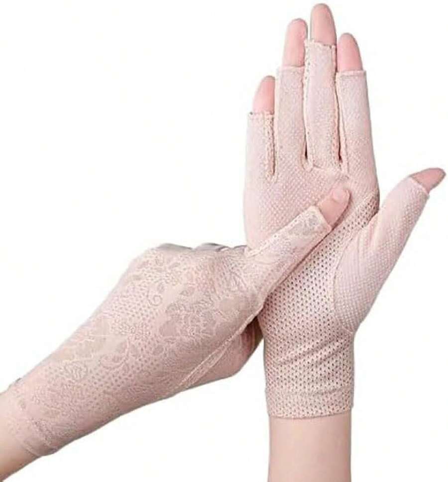 Driving Gloves UV Sun Protection Touchcreen Non Slip Summer Upf50+ Fingerless Lace Gloves For Women Outdoor Cycling - 杏 - 查看 1