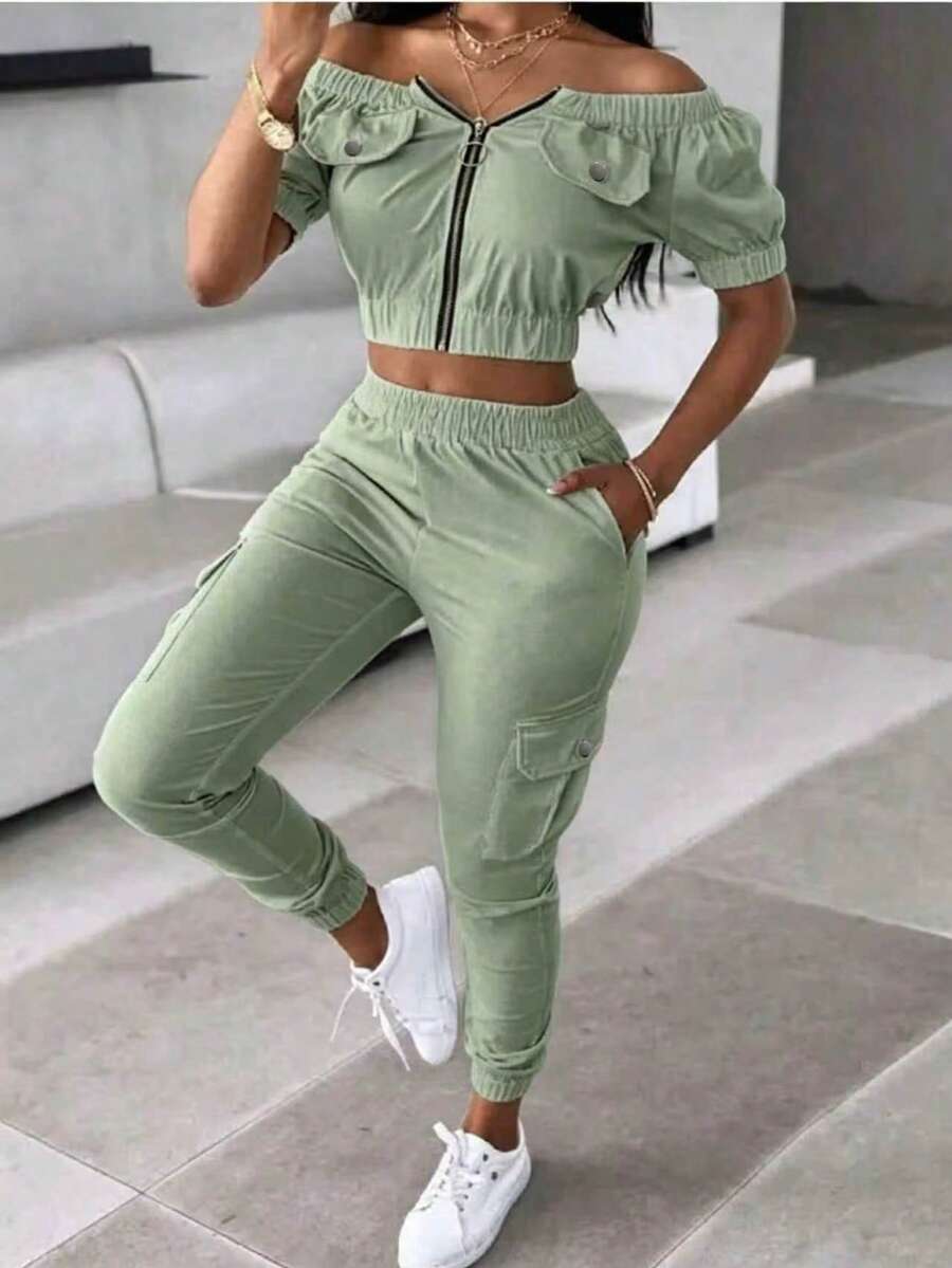 Women's Solid Color Off Shoulder Zipper Front Cropped Top And Pants Set Summer Elegant - Green - View 1