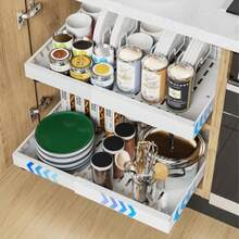 iHomara - Paquete de 2 adhesivos expandibles para gabinetes de cocina, cajones deslizantes de 21 pulgadas de profundidad para gabinetes de cocina, con 8 estantes divisores para organización de - Blanco - Ver 9