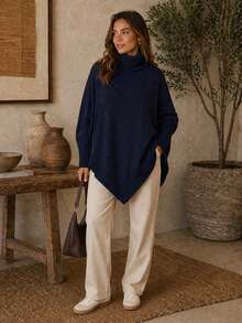 Knitted Poncho With Pointed Hem, Casual Evening Wear, Autumn/Winter. - 藍色 - 查看 1