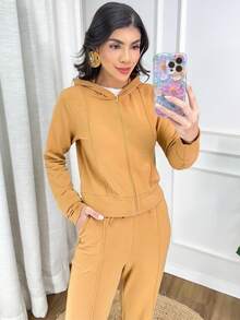 Women's Stylish Tracksuit Set: Sweatshirt With Trim, Hood, And Zipper, And Wide-Leg Pants With Side Pockets - Elegant Women's Jacket, Wide-Leg Pants, Long-Sleeved Blouse, Winter, Cold Weather, Basic, Comfortable, Premium, Comfy, Warm, Thick, Caramel Color. - 駝色 - 查看 3