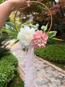 1 Vòng hoa giả màu trắng cho phù dâu, vòng hoa cầm tay màu vàng với ruy băng ren và ngọc trai, trang trí lễ cưới phong cách Boho, lễ hội, sinh nhật. - Nhiều màu - Xem 16