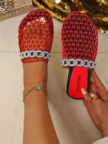 2026 Summer New Fashion Rhinestone Casual Comfortable Non-Slip Beach Slippers For Women - Red - View 5