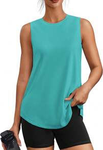 PINSPARK Workout Tops For Women Sleeveless Athletic Tank Tops UPF 50+ Running Tanks With Side Slits Loose Fit Gym Yoga Shirt - Turquoise - View 7