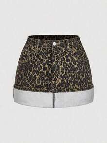 Minifalda de mezclilla casual de mujer con bloqueo de color lavado y parches - Multicolor 2 - Ver 1