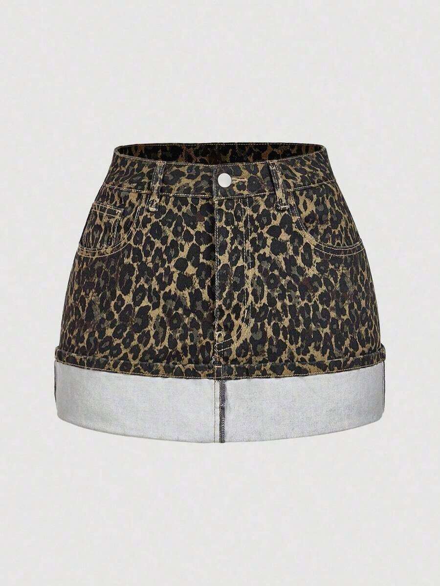 Minifalda de mezclilla casual de mujer con bloqueo de color lavado y parches - Multicolor 2 - Ver 1