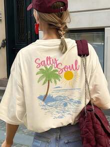 SALTY SOUL Camiseta de Manga Corta con Cuello Redondo para Mujer, Estampado de Cocotero y Sol, para Primavera/Verano, Ropa Casual para Vacaciones en la Playa, Prenda Esencial para el Día a Día. Camiseta estampada de vacaciones para mujer, blanca, estilo vintage urbano, unisex, holgada, de algodón, manga corta, cuello redondo, blusas para mujer. blusas.blusas casuales para dama. - Albaricoque 3 - Ver 4